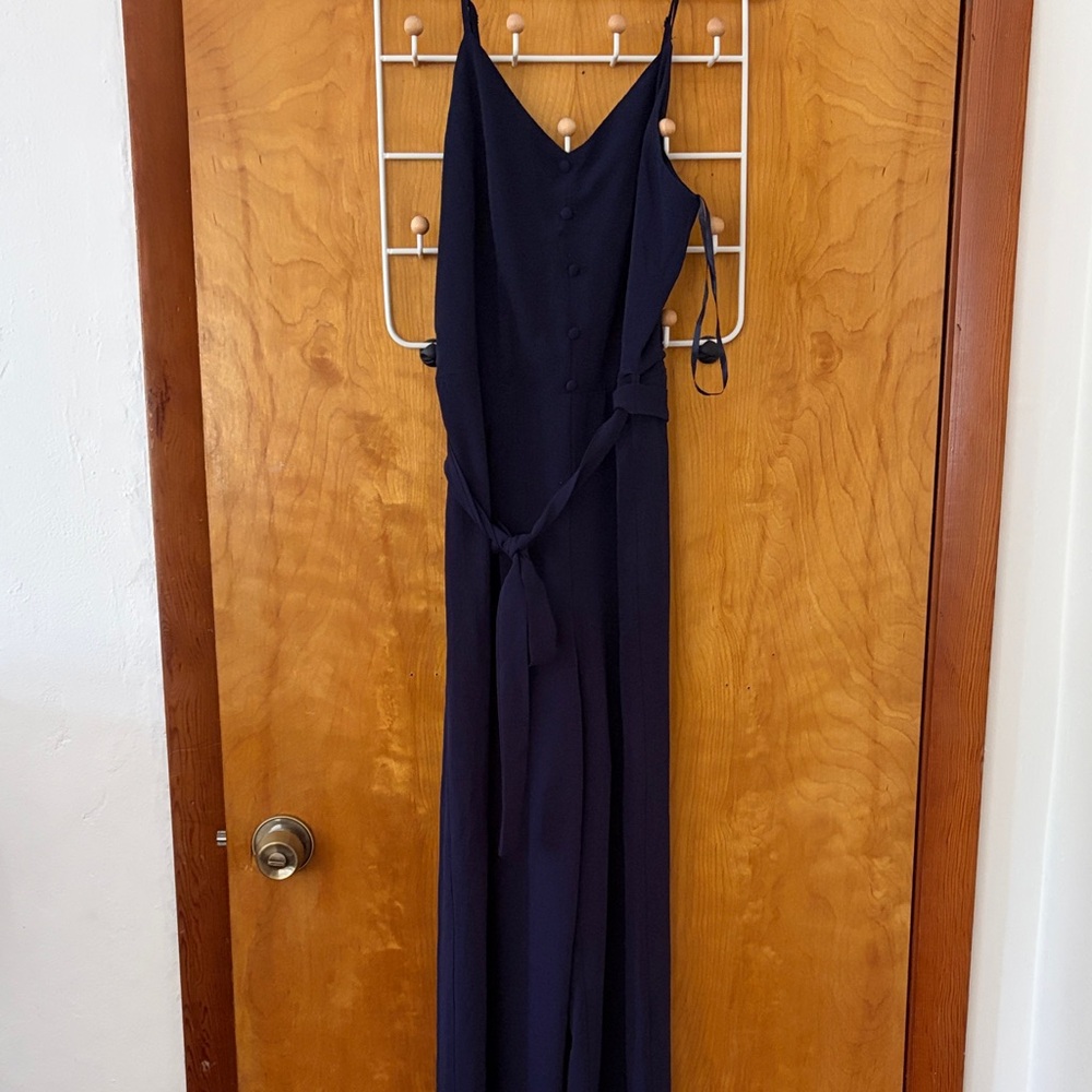 Monteau Navy Sleeveless Jumpsuit with Button Front and Tie Waist